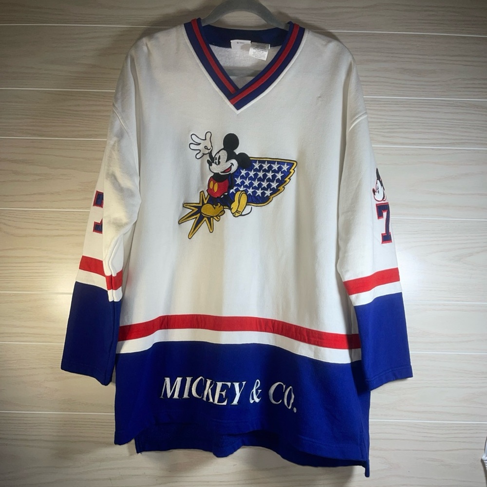 Vtg Mickey & Company Jersey XL Red White & Blue Hockey Shirt Disney 90s Unisex